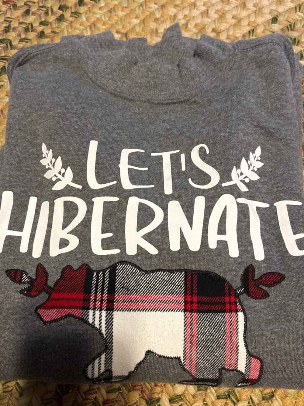 Womens Gray "Let's Hibernate" sweatshirt  with Plaid Bear Accent